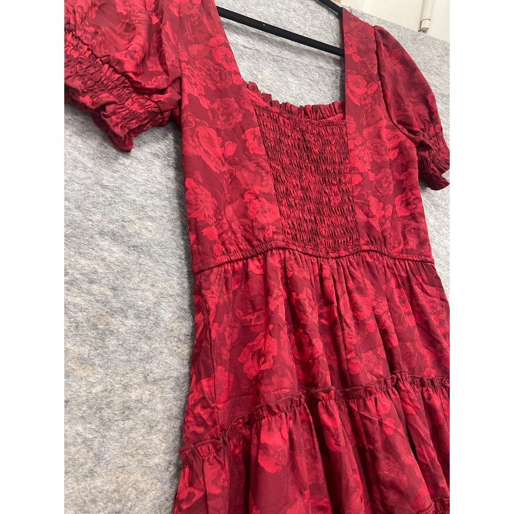 Altar'd State Burgundy Red Floral Jacquard Smocked Tiered Mini Dress Womens M - Picture 8 of 11